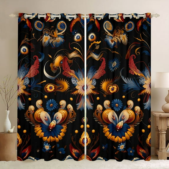 Feelyou Boho Floral Flower Black Out Curtains, Hippie Mandala Plant Curtains Pack of 2 (42x63 Each), Old Fashion Style Bedroom Curtains, Blackout Curtains Home Decor