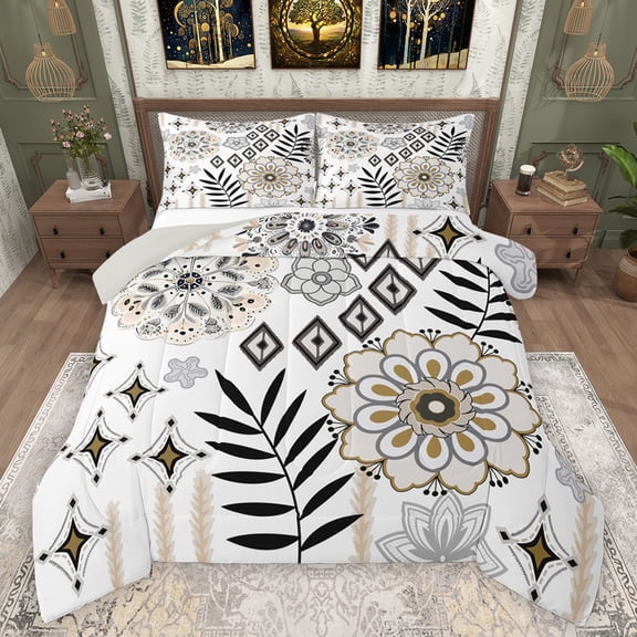 Feelyou Boho Floral Flower Queen Comforter Set, Hippie Aztec Minimalst Bedding Sets, Rustic Leaf Botanical Reversible Bedding Comforter Set, Ultra Soft Bedroom Decor, 3pcs