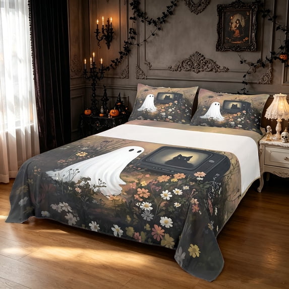 Feelyou Boho Floral Ghost King Sheets, Spooky Retro TV Black Cat Bedding, Cream Black, 4 Pieces, 1 Flat Sheet, 1 Fitted Sheet and 2 Pillowcases