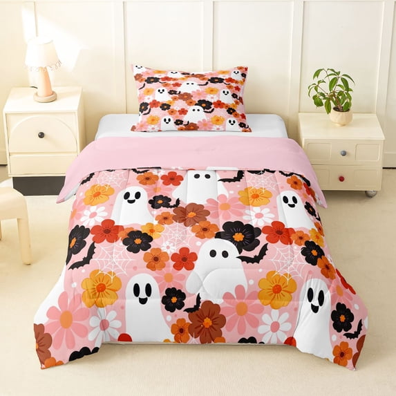 Feelyou Boho Floral Ghost Twin Comforter Sets, Halloween Spooky Bat Web Bedding Set, Pink Reversible, 2-Piece, 1 Comforter and 2 Pillowcases