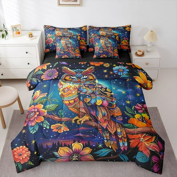 Feelyou Boho Floral Owl Animal Comforter Set 7pcs, Stars Starry Sky Full Bedding Set