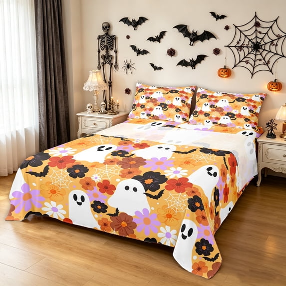 Feelyou Boho Flower Ghost Bed Sheets, Happy Halloween Bat Web Full Size Sheets, Orange, 4 Pieces, 1 Flat Sheet, 1 Fitted Sheet and 2 Pillowcases