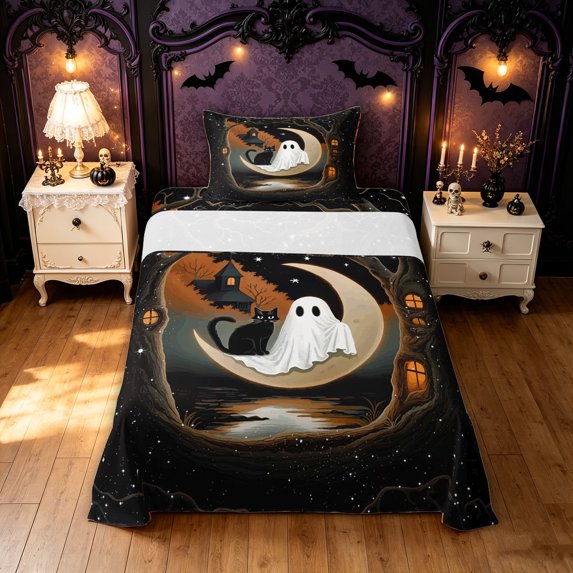 Feelyou Boho Ghost Cat Twin Sheets, Spooky Halloween Moon Starry Sky Bedding, Black Orange, 3pcs, 1 Flat Sheet, 1 Fitted Sheet and 1 Pillowcase