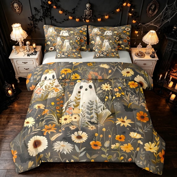 Feelyou Boho Ghost Full Size Bedding Sets, Hippie Wildflower Groovy Full Size Bed in a Bag, Gray Yellow, Gray Reversible, 7 Pieces