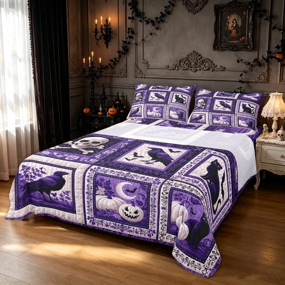 Feelyou Boho Ghost Raven King Sheets, Spooky Pumpkin Black Cat Bedding, Purple White, 4 Pieces, 1 Flat Sheet, 1 Fitted Sheet and 2 Pillowcases