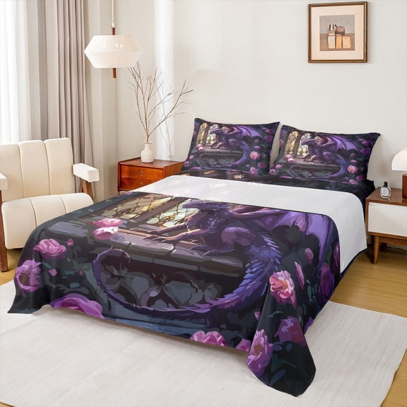 Feelyou Boho Gothic Rose Dragon Full Size Sheets for Men Women, Vintage Castle Animal Bed Sheets, Purple Pink, 4 Pieces