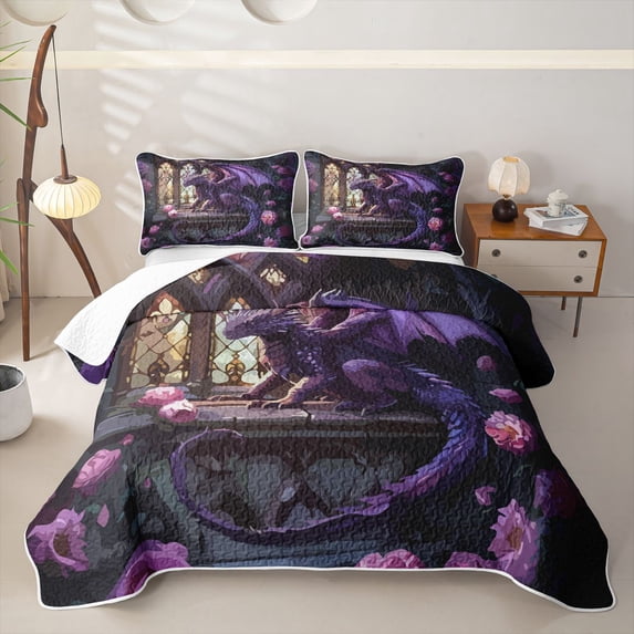 Feelyou Boho Gothic Rose Dragon Twin Quilt Set for Men Women, Vintage Castle Animal Twin Coverlet Set, Purple Pink, 2 Pieces