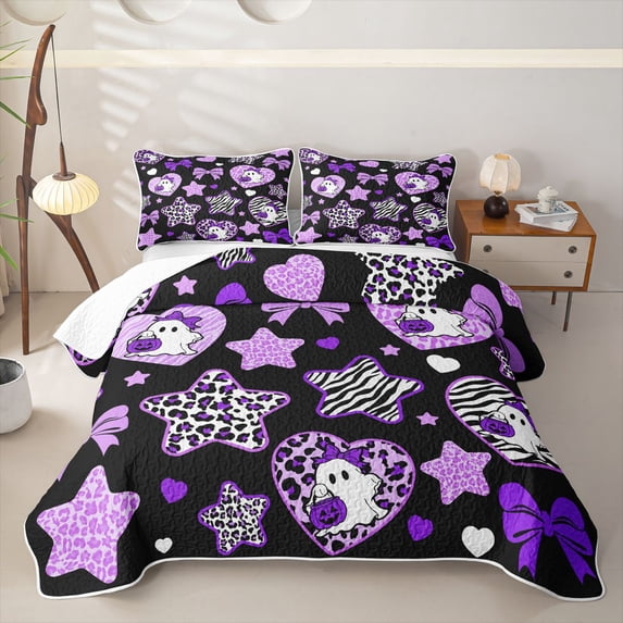 Feelyou Boho Halloween Ghost Bed Spread Queen, Purple Bowknot Star Print Queen Coverlet Set, 3-Piece, 1 Comforter and 2 Pillowcases