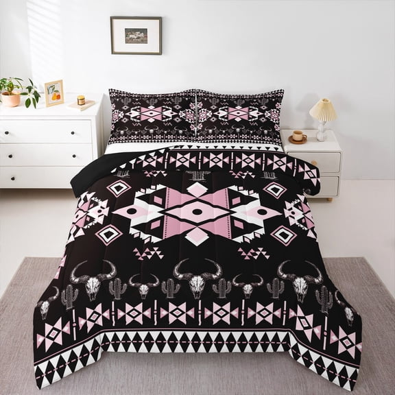 Feelyou Boho Hippie Aztec Bedding Comforter Set for Women, Black Pink Triangle Twin Comforter Sets, Vintage Bohemian Style Reversible Bedding Set, Microfiber Bedroom Decor, 2 Pieces