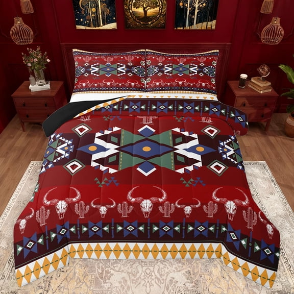 Feelyou Boho Hippie Aztec Bedding Comforter Set for Women, Red Triangle Twin Comforter Sets, Vintage Bohemian Style Reversible Bedding Set, Super Cozy Room Decor, 2 Pieces