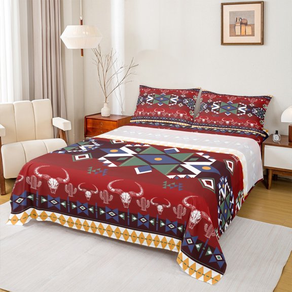 Feelyou Boho Hippie Aztec Full Size Sheets for Women, Red Triangle Bed Sheets, Vintage Bohemian Style Sheet Sets, Super Cozy Room Decor, 4 Pieces