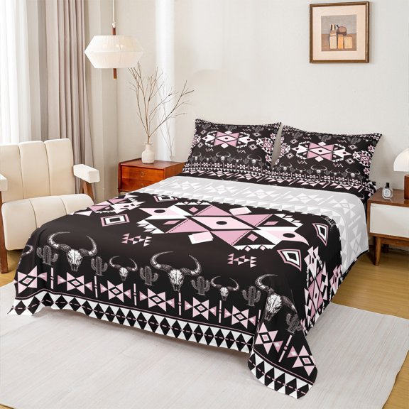 Feelyou Boho Hippie Aztec Twin Sheet Sets for Women, Black Pink Triangle Twin Fitted Sheet, Vintage Bohemian Style Flat Sheet, Microfiber Bedroom Decor, 3 Pieces