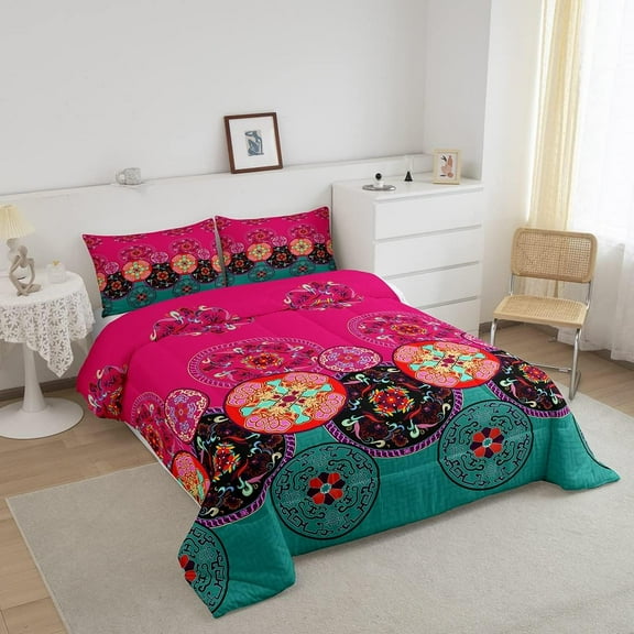 Feelyou Boho Mandala Bedding Set Bohemian Comforter Set for Kids Girls Exotic Floral Comforter Rose Red Green Soft Quilt 1 Comforter Set with 2 Pillowcases Size Boys