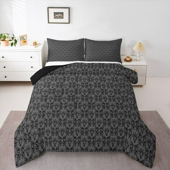 Feelyou Boho Mandala Damask Queen Comforter Set, Grey Sheep Skeleton Bedding Set, 3pcs