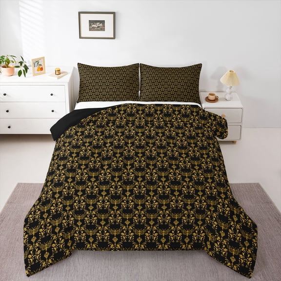 Feelyou Boho Mandala Damask Twin Comforter Sets, Gold Butterfly Skull Bedding Set, 2pcs