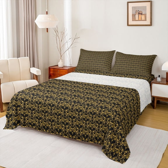 Feelyou Boho Mandala Damask Twin Sheet Sets, Black Gold Skeleton Bedding, 3-Piece