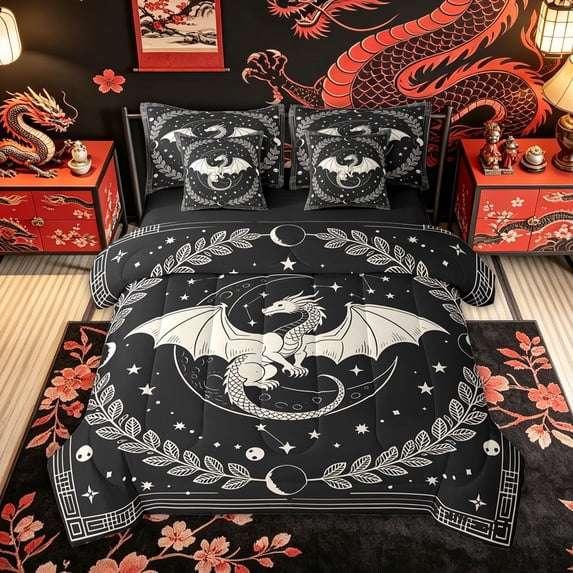 Feelyou Boho Moon Star Dragon Bedding Comforter Set for Kids, Lunar Leaf Animal Full Bedding Set, Black Cream, Black Reversible, 7-Piece