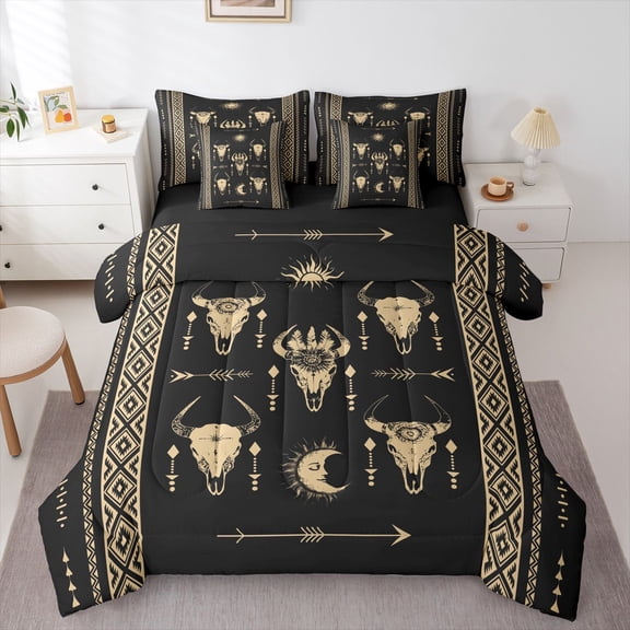 Feelyou Boho Moon Twin Bedding Sets 7pcs, Sheep Skull Bedding Comforter Set