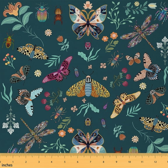 Feelyou Boho Moth Butterfly Fabric by the Yard 1 Yard, Wild Insect Animal Home Decor Fabric by the Yard, Blossoms Leaves Sewing Fabric, Microfiber Bedroom Decor