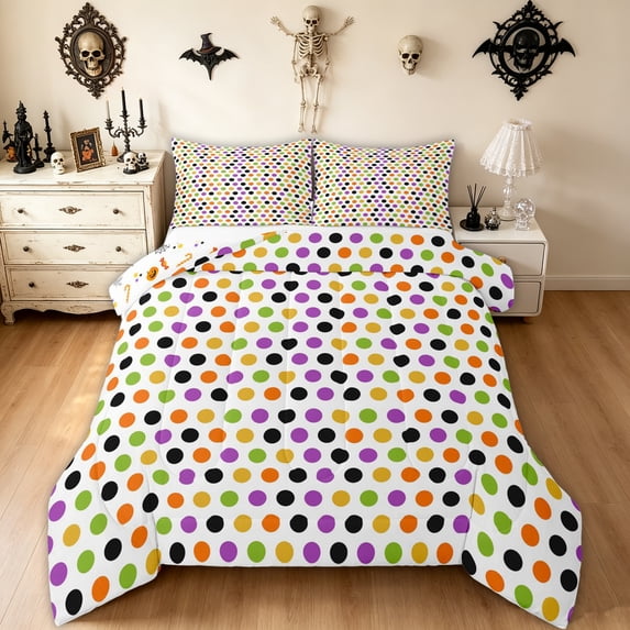 Feelyou Boho Multicolor Dot Full Size Comforter Sets, Cartoon Polka Print Bedding Comforter Set, White Purple Orange, Halloween Reversible, 3 Pieces, 1 Comforter and 2 Pillowcases