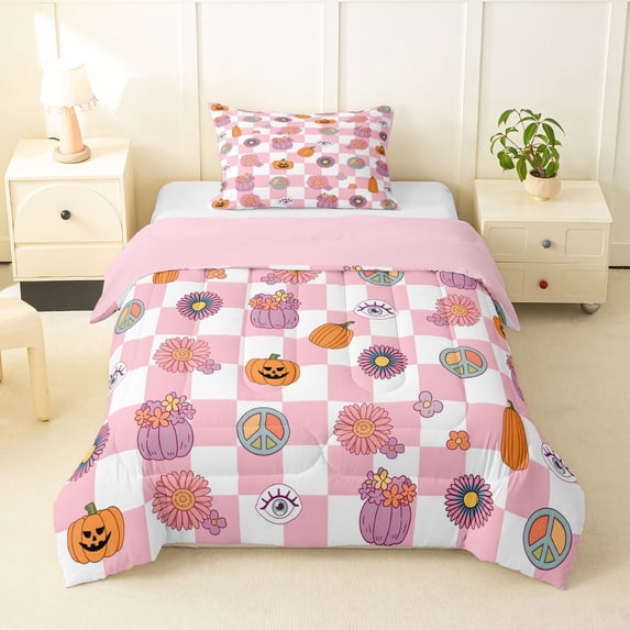 Feelyou Boho Pumpkin Daisy Twin Comforter Sets, Hippie Buffalo Plaid Bedding Set, Pink Reversible, 2-Piece, 1 Comforter and 2 Pillowcases