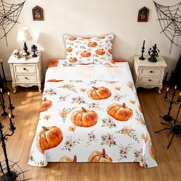 Feelyou Boho Pumpkin Twin Sheets, Hippie Autumn Floral Bedding, White, 3 Pieces, 1 Flat Sheet, 1 Fitted Sheet and 1 Pillowcase