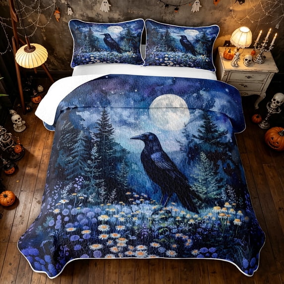 Feelyou Boho Raven Forest Twin Quilt Set, Spooky Moon Wildflower Twin Coverlet Set, Blue Purple, 2 Pieces, 1 Comforter and 1 Pillowcase