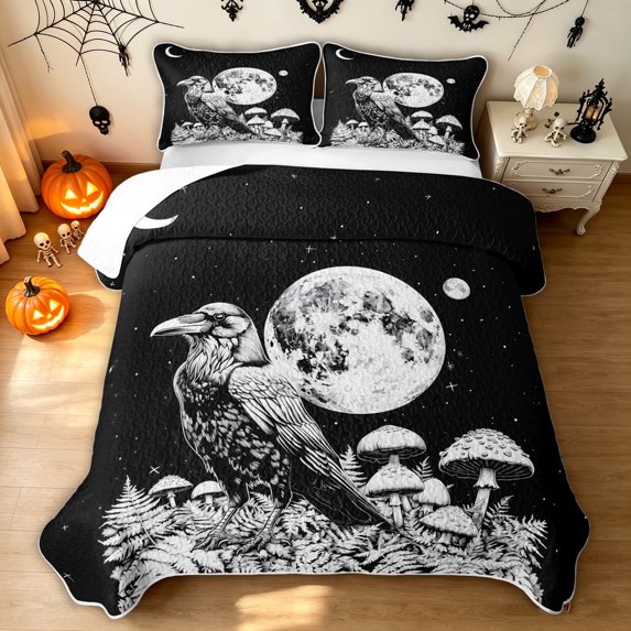 Feelyou Boho Raven Mushroom Twin Quilt Set, Spooky Moon Sky Twin Coverlet Set, Black White, 2 Pieces, 1 Comforter and 1 Pillowcase