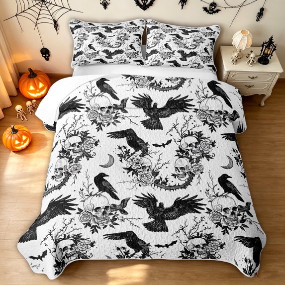 Feelyou Boho Raven Rose Twin Quilt Set, Spooky Skull Bat Twin Coverlet Set, Black White, 2pcs, 1 Comforter and 1 Pillowcase