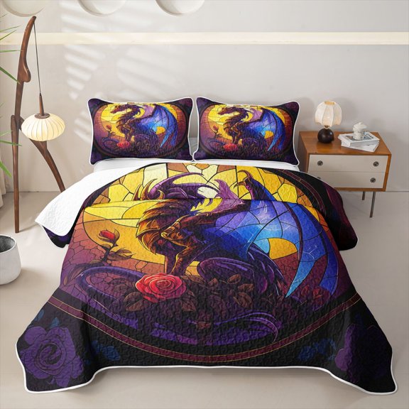 Feelyou Boho Rose Dragon Bed Spread Queen for Men Women, Vintage Gothic Animal Queen Coverlet Set, Purple Gold, 3-Piece