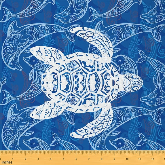 Feelyou Boho Sea Turtle Fabric by the Yard 5 Yards for Kid, Vintage Sealife Home Decor Fabric by the Yard, Hippie Dolphin Print Sewing Fabric, Breathable Home Decor