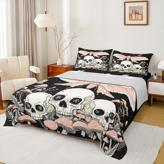 Feelyou Boho Skeleton Skull Bed Sheets, Orange Magic Moth King Sheets, Halloween Theme Sheet Set, Super Cozy Room Decor,4 Pieces