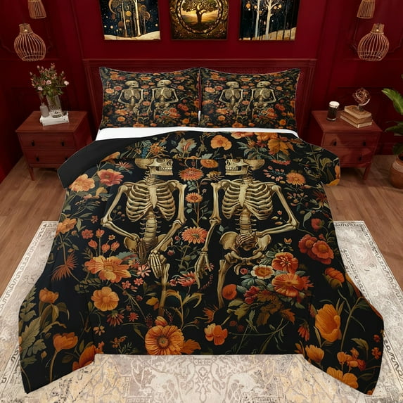 Feelyou Boho Skeleton Skull Bedding Comforter Set, Rustic Orange Groovy Flower Twin Comforter Sets, Hippie Gothic Romantic Reversible Bedding Set, Lightweight Room Decor, 2 Pieces