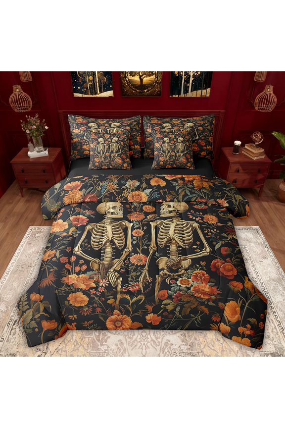 Boho Skeleton Skull Twin Bedding Sets 7-Piece, Rustic Orange Groovy Flower Bedding Comforter Set, Hippie Gothic Romantic Reversible Sheet Sets, Lightweight Room Decor