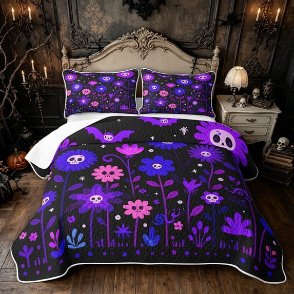 Feelyou Boho Skull Flower Quilt Full, Spooky Bat Star Full Bedspread Sets, Purple, 3pcs, 1 Comforter and 2 Pillowcases