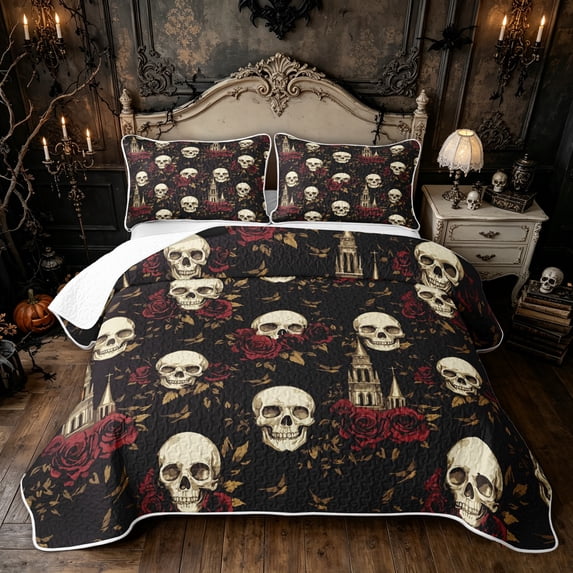 Feelyou Boho Skull Red Rose Twin Quilt Set, Spooky Vintage Church Scene Twin Coverlet Set, Black, 2-Piece, 1 Comforter and 1 Pillowcase