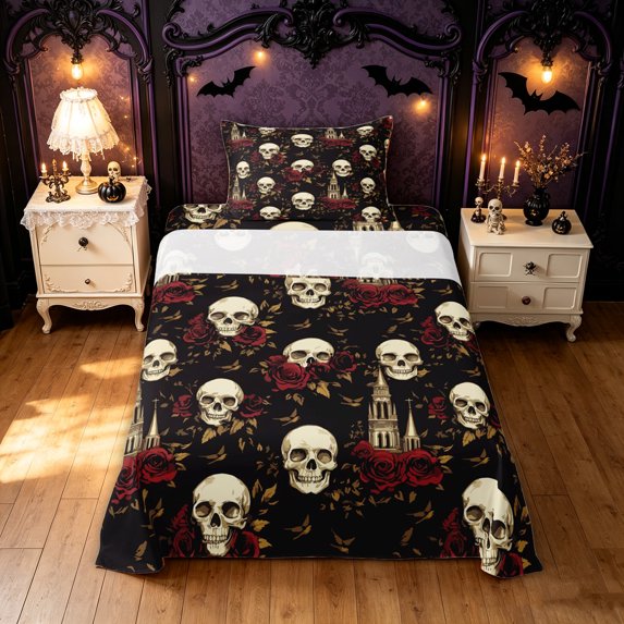 Feelyou Boho Skull Red Rose Twin Sheets, Spooky Vintage Church Scene Bedding, Black, 3-Piece, 1 Flat Sheet, 1 Fitted Sheet and 1 Pillowcase