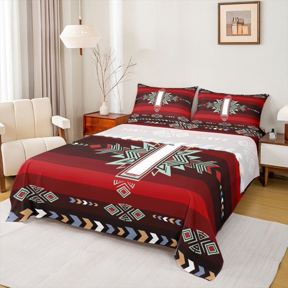 Feelyou Boho Triangle Aztec Queen Sheet Sets, Western Bohemian Bed Set, 4-Piece