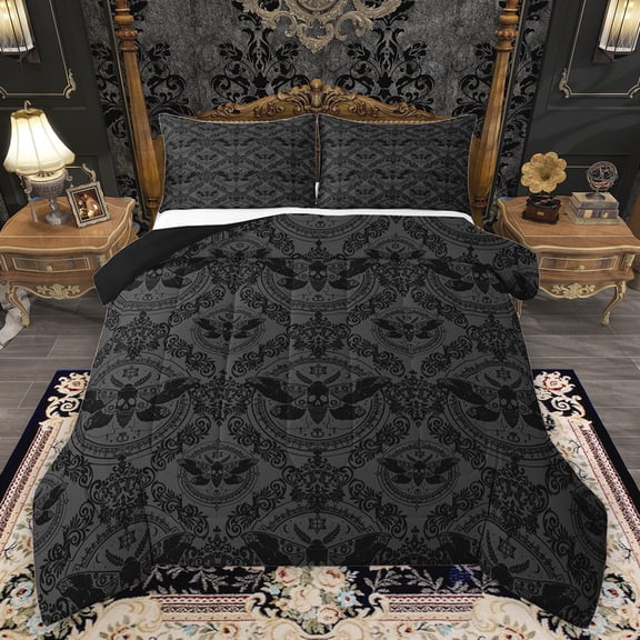 Feelyou Boho Tribal Damask Queen Comforter Set for Adult, Gothic Moth Skeleton Bedding Sets, Western Mandala Style Reversible Bedding Comforter Set, Luxury Bedroom Decor, 3pcs