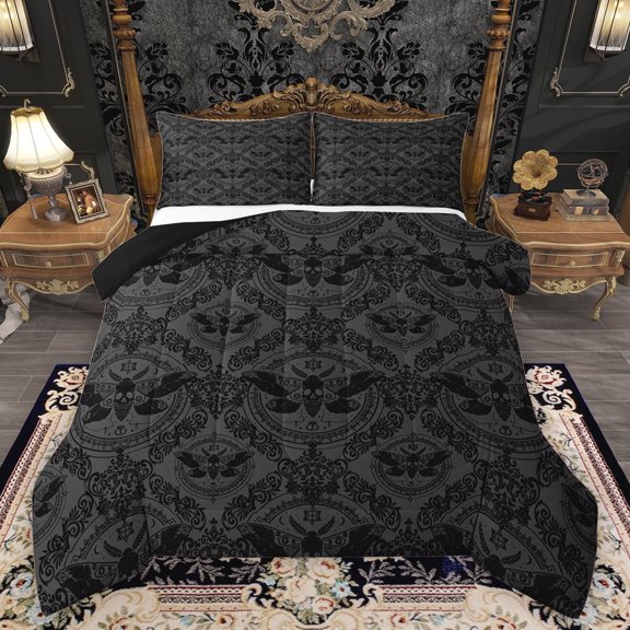 Feelyou Boho Tribal Damask Queen Comforter Set for Adult, Gothic Moth Skeleton Bedding Sets, Western Mandala Style Reversible Bedding Comforter Set, Luxury Bedroom Decor, 3pcs