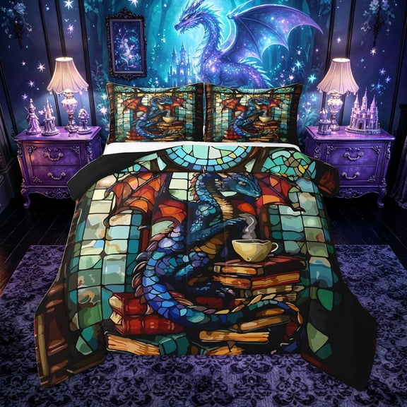 Feelyou Book Dragon Queen Comforter Set for Kids Boys Girls, Library Animal Bedding Comforter Set, Blue Orange, Black Reversible, 3 Pieces