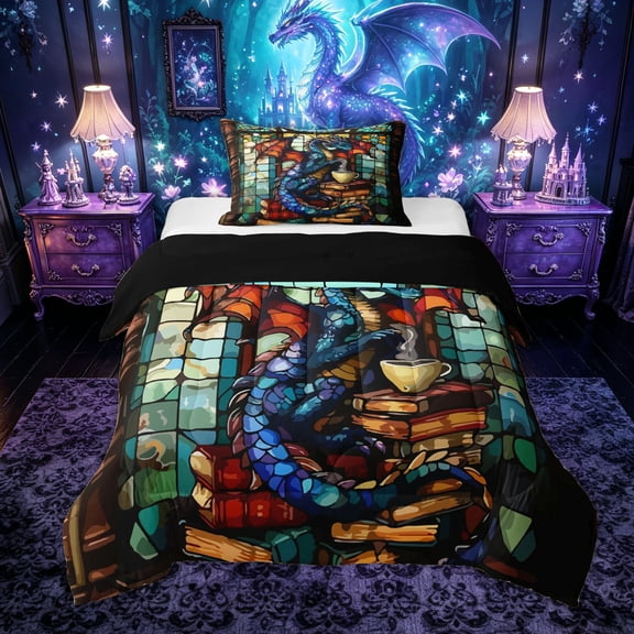 Feelyou Book Dragon Twin Comforter Sets for Kids Boys Girls, Library Animal Bedding Set, Blue Orange, Black Reversible, 2 Pieces