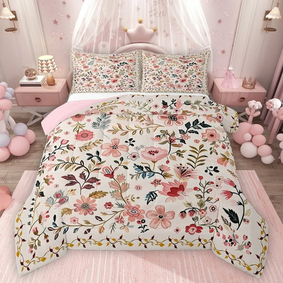 Feelyou Botanical Floral Leaf Full Size Comforter Sets, Fashion Pink Flower Bedding Comforter Set, Teens Women Girls Reversible Bedding Sets, Breathable Home Decor, 3pcs