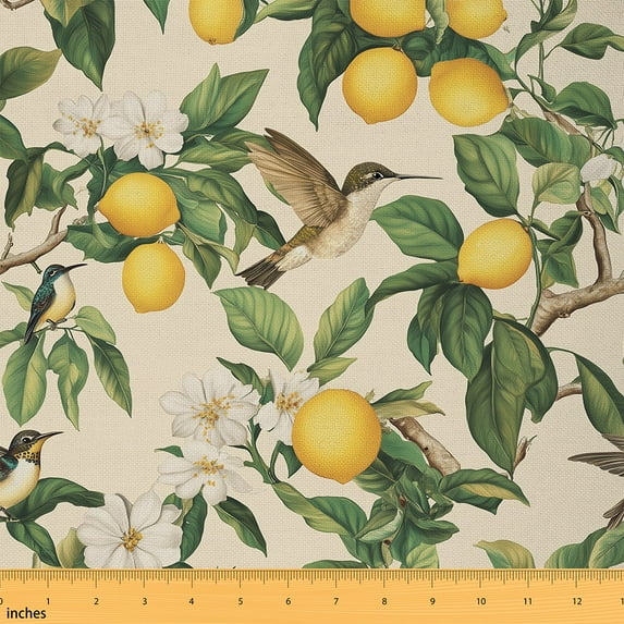 Feelyou Botanical Lemon Fabric by the Yard 2 Yards, Wild Hummingbird Sewing Fabric, Tropical Plant Leaf Room Decor Fabric by the Yard