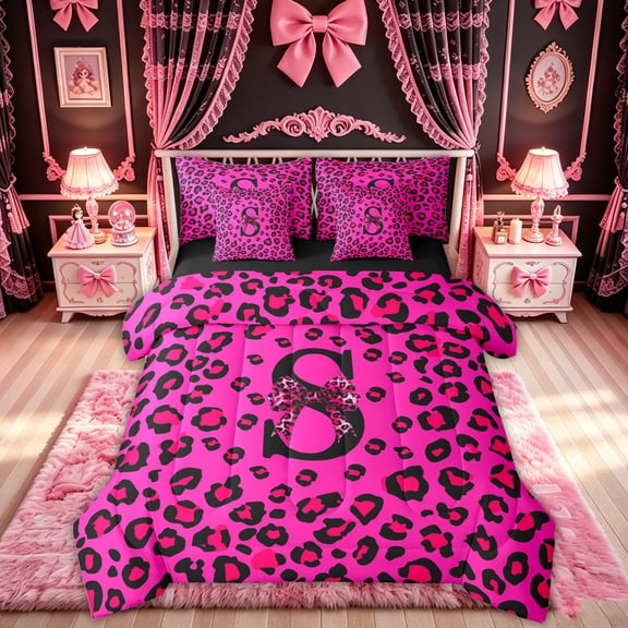 Feelyou Bow Alphabet S Twin Bedding for Girls, Stylish Leopard Print Monogram Bedding Comforter Set, Pink Black, Black Reversible, 7pcs