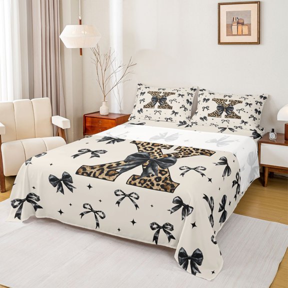 Feelyou Bow Initial X Full Size Sheets, Cheetah Leopard Print Bed Sheets, 4-Piece