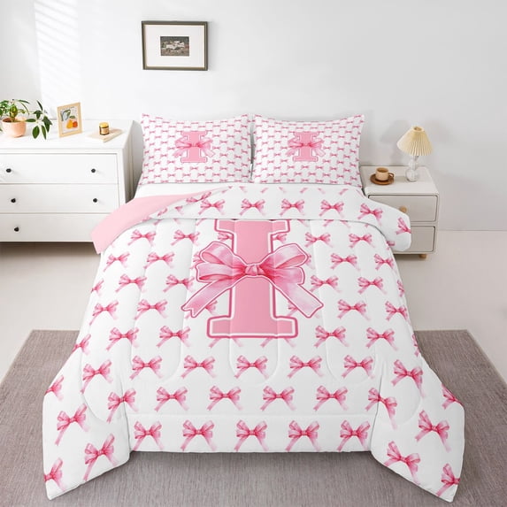 Feelyou Bow Letter I Twin Comforter Sets, Cute Princess Bedding Set, 2-Piece