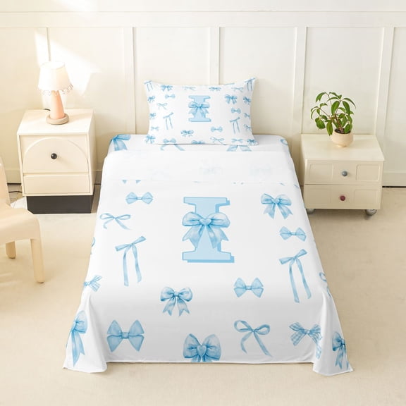 Feelyou Bow Letter I Twin Sheet Sets for Girls, Gingham Ribbon Bedding, Blue, 3 Pieces