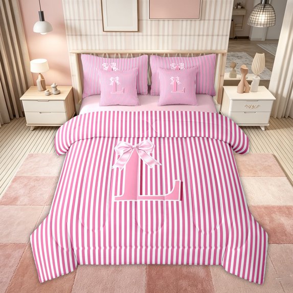 Feelyou Bow Letter L Bedding Comforter Set for Girls, Stripe Print King Bedding Sets for Kids, Pink, Pink Reversible, 7-Piece