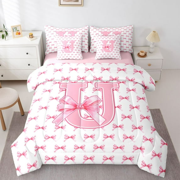 Feelyou Bow Letter U Bedding Comforter Set 7pcs, Pink Princess King Bedding Sets
